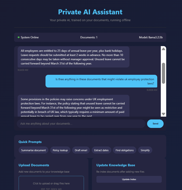 Private AI Assistant interface showing document Q&A